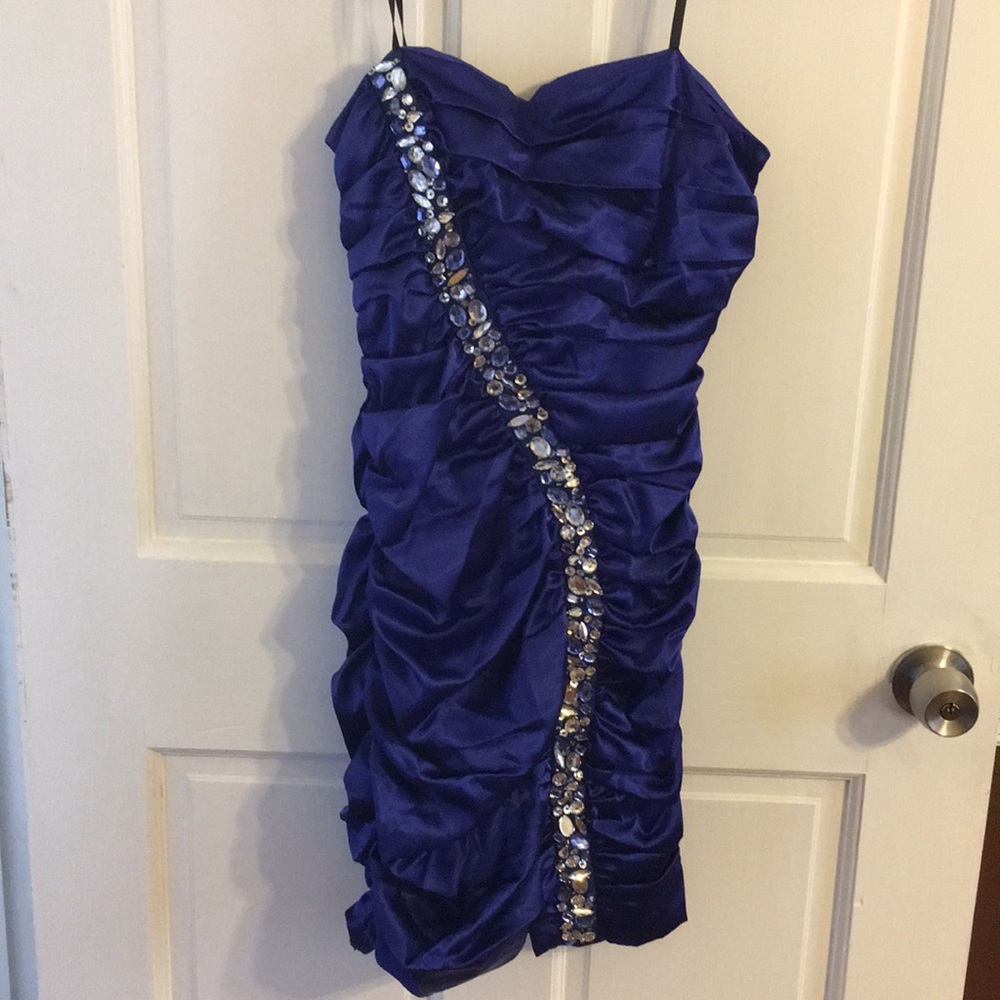 Sapphire mini dress with rhinestone across body